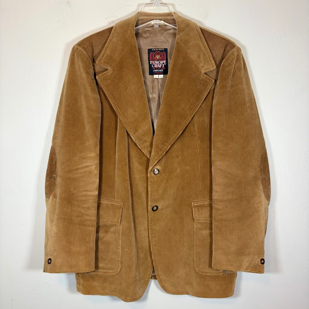 Vintage 70s Europe Craft Corduroy Western Blazer Suede Patch Tan Jacket 44L